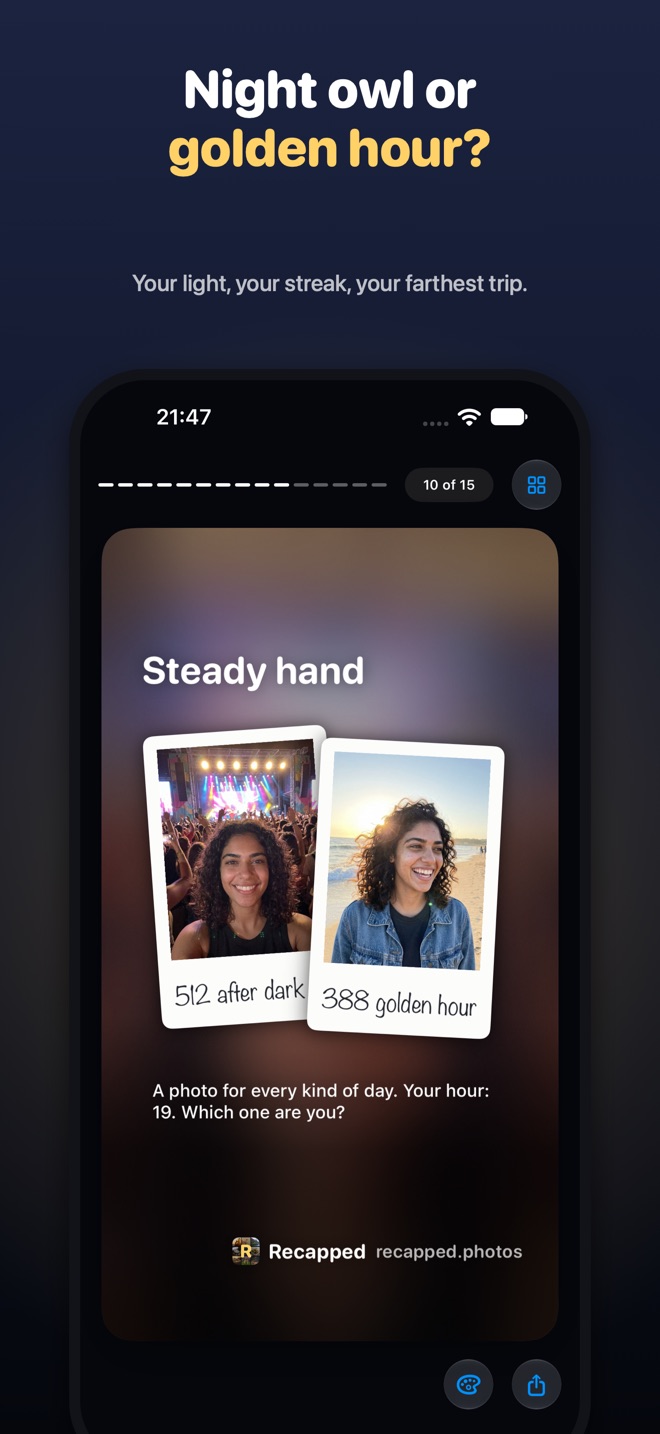 Night owl or golden hour card showing when you take photos